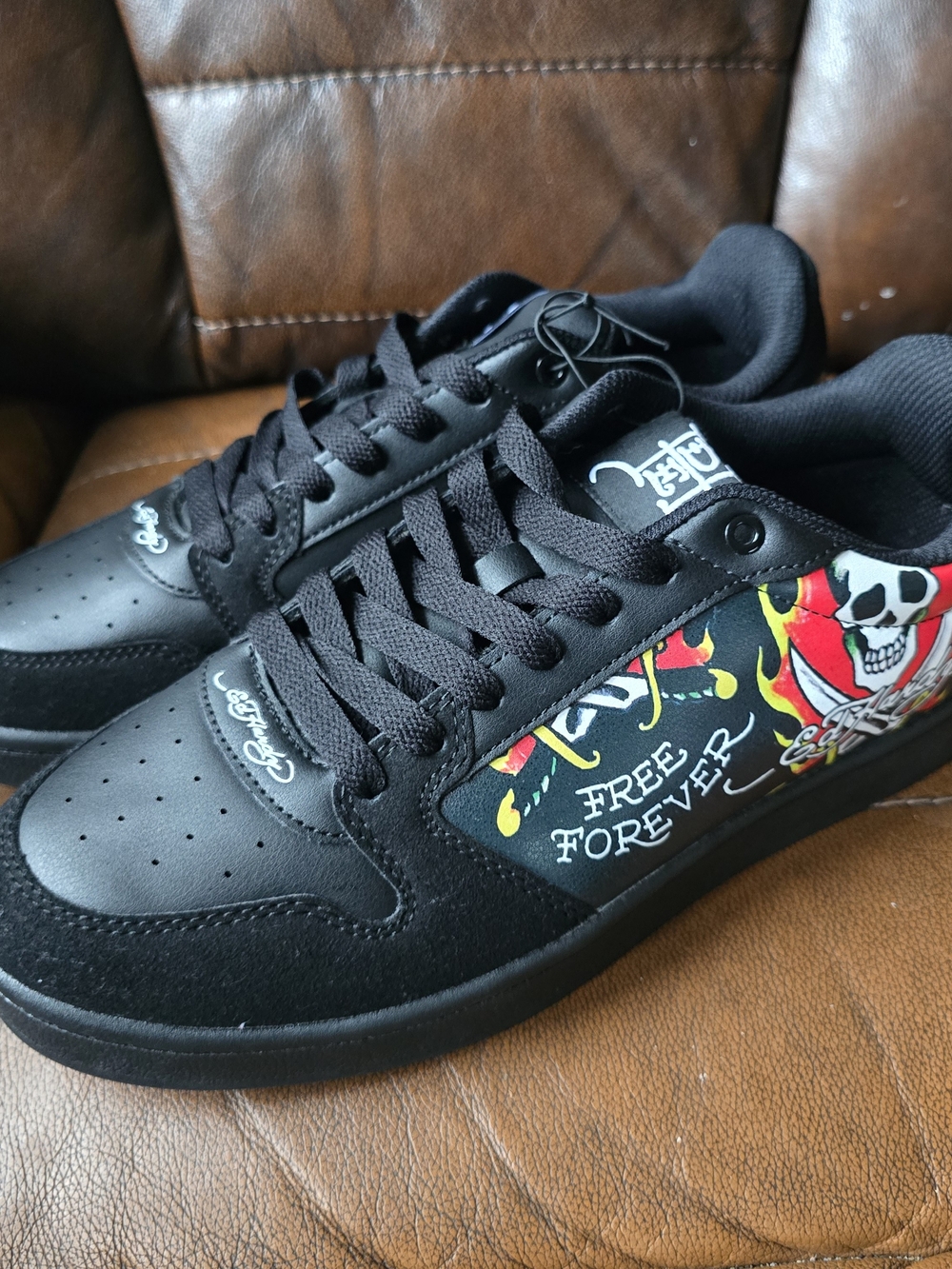 Ed Hardy Black Athletic Shoes with Red & Yellow Flame Graphics